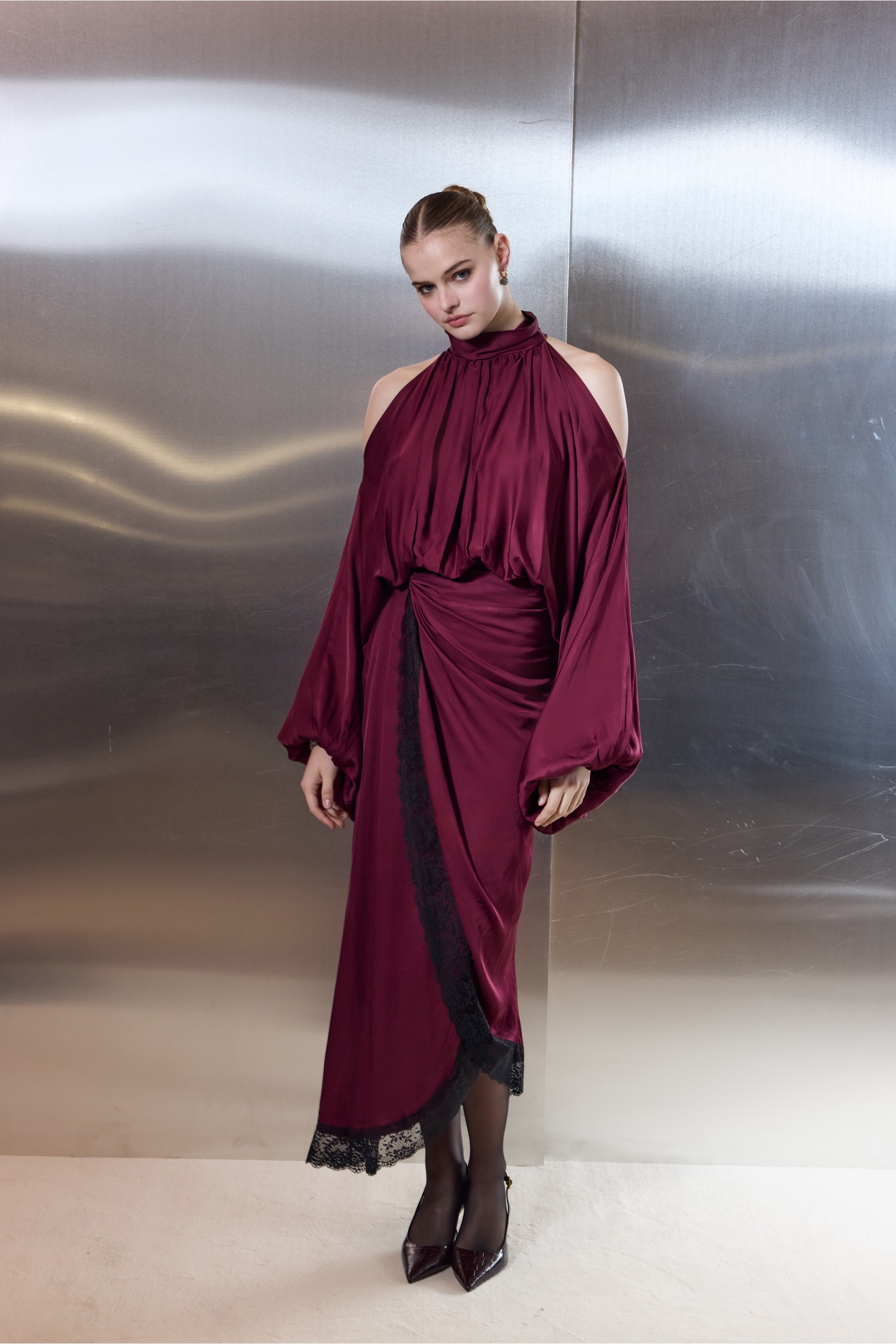 Sweet Romance Satin Lace Skirt Wine Red