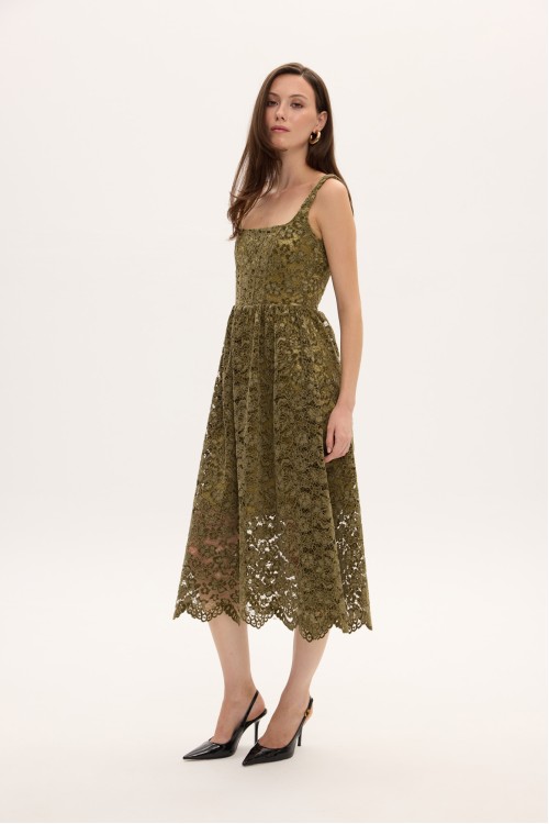 OLIVE LACE VELVET DRESS