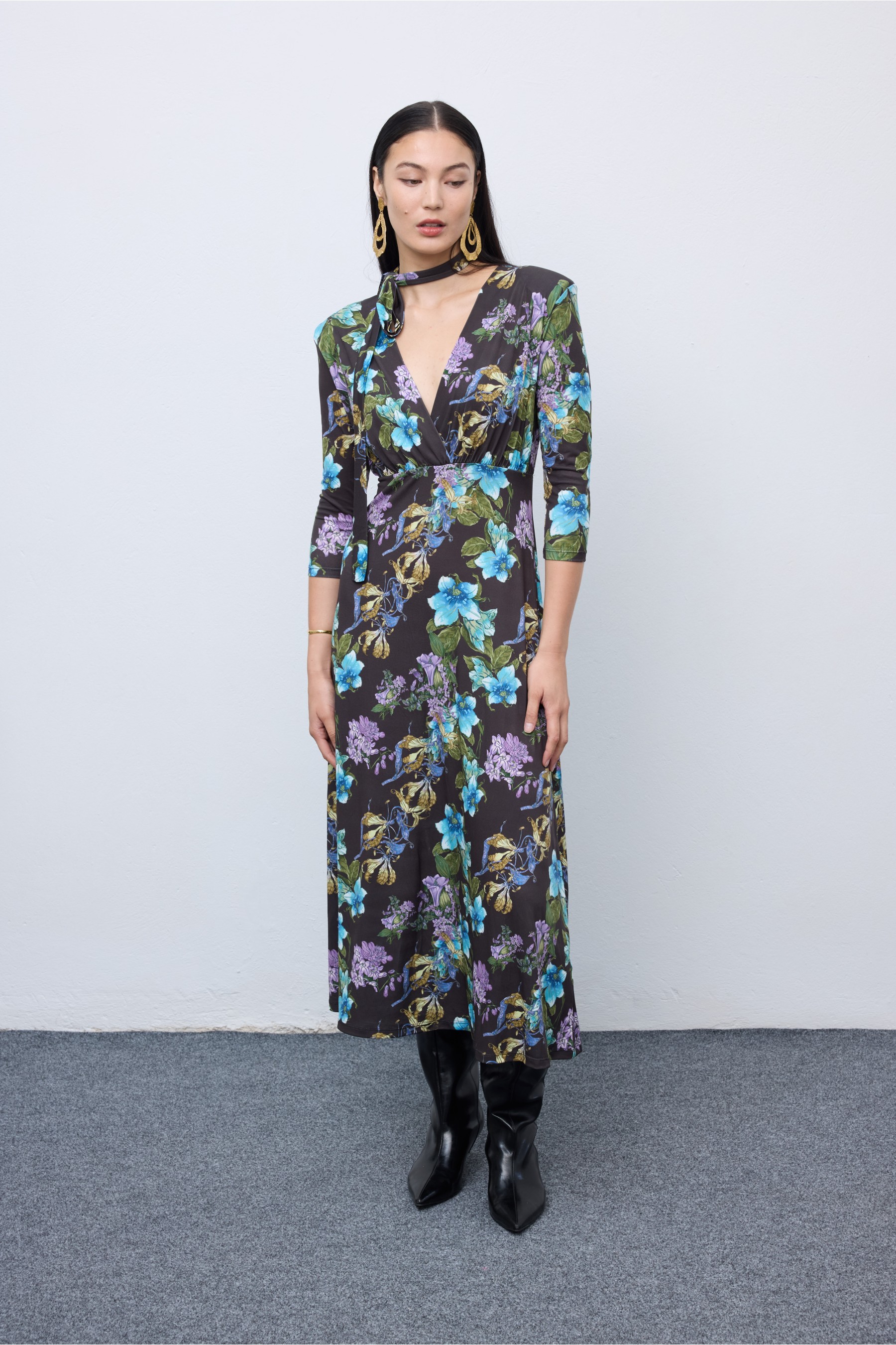 Mocha Bloom Midi Jersey Dress