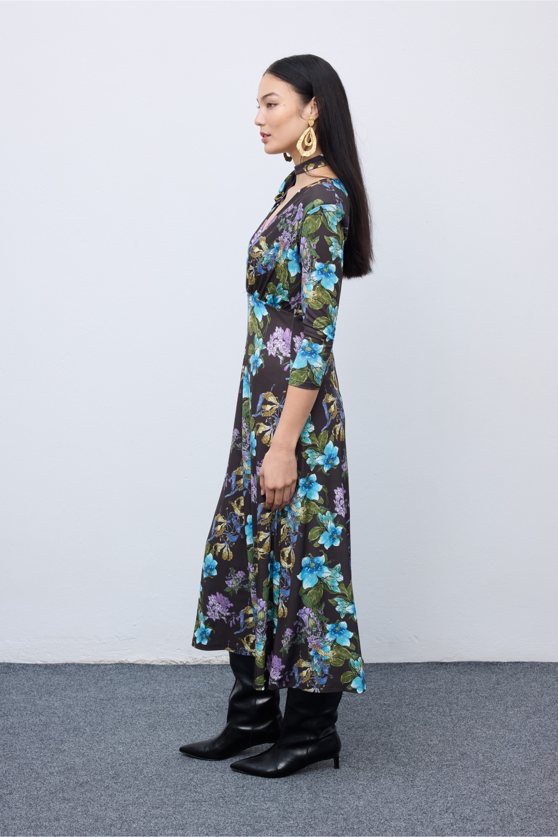 Mocha Bloom Midi Jersey Dress